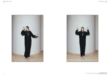 Marina Abramovic in a black dress wearing a pendant necklace against a curved white wall in a two-frame editorial layout