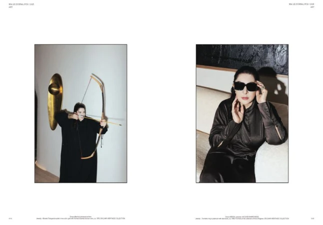 Editorial spread featuring Marina Abramovic posing with a bow and arrow and wearing dark sunglasses on Mia Le Journal.