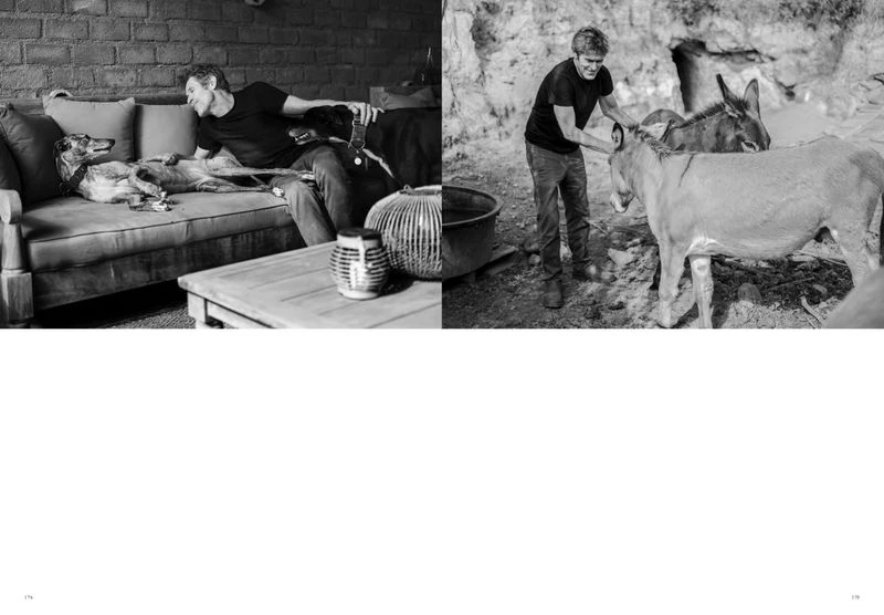 Monochrome image of a man lounging with dogs on a couch indoors, contrasted with a man tending to donkeys outdoors in a rocky landscape.