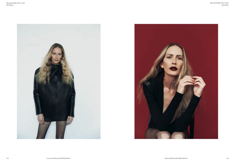 Editorial fashion spread featuring a long-haired blonde woman in black clothing against white and red studio backgrounds in portrait orientations.