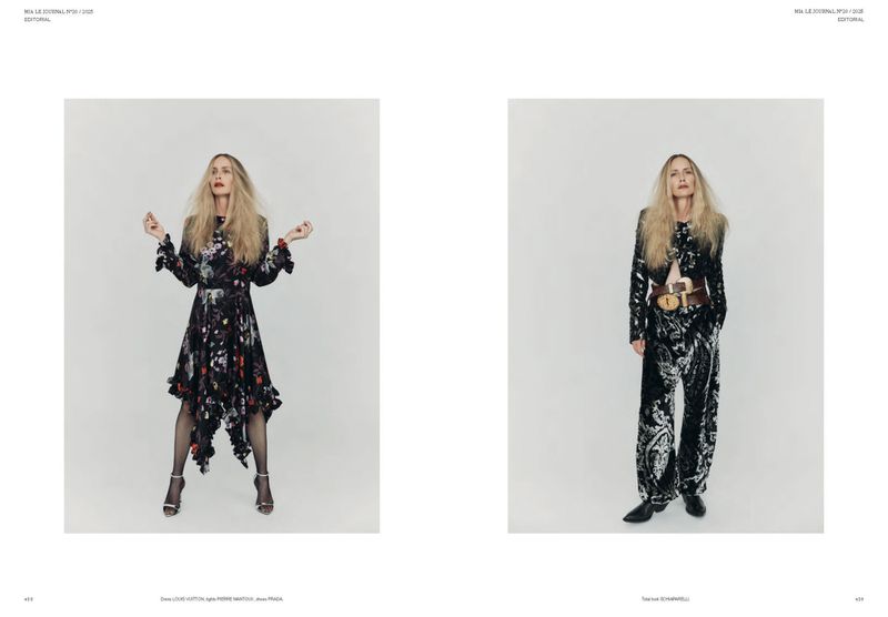 Editorial fashion layout shows a model in a floral dress and heels, contrasted with a second model in a paisley suit and belt, set against a white backdrop.