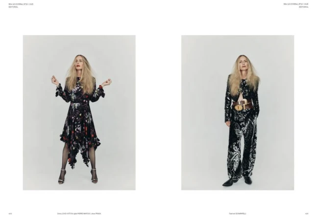 Editorial fashion layout shows a model in a floral dress and heels, contrasted with a second model in a paisley suit and belt, set against a white backdrop.