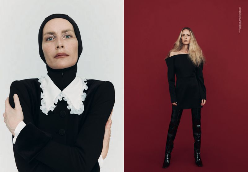 A fashion layout features two adult women: one in a black head covering and ruffled collar, and the other in an off-shoulder dress and boots.