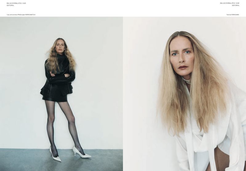 Fashion editorial split-screen features a blonde adult female model posing in a black leather jacket and white blouse against white.