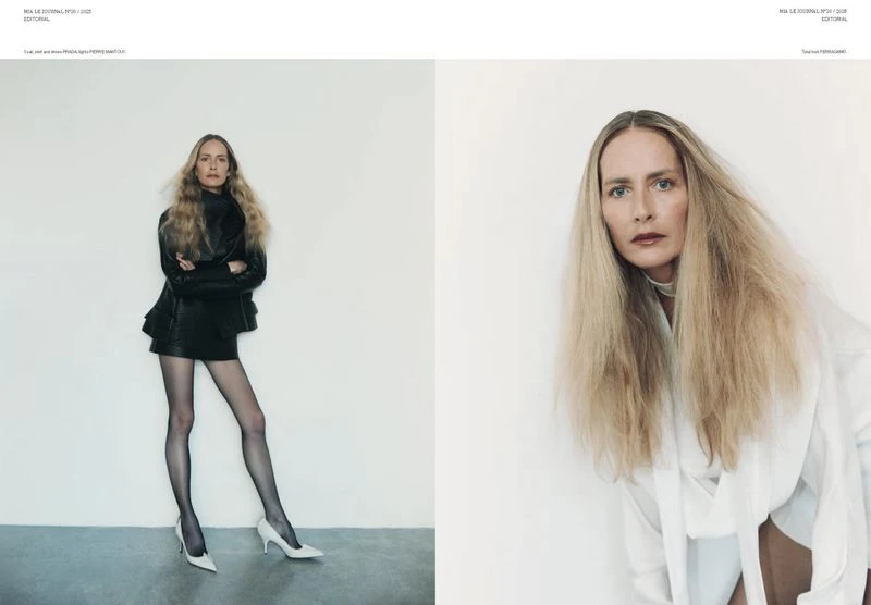Fashion editorial split-screen features a blonde adult female model posing in a black leather jacket and white blouse against white.