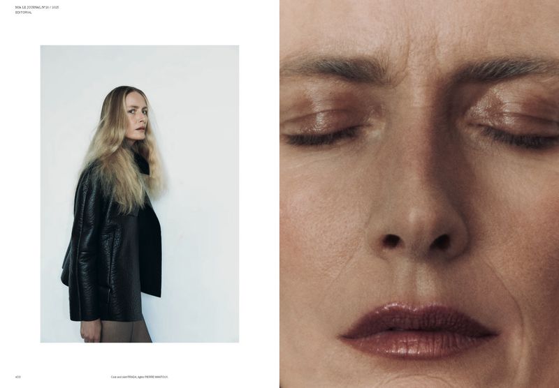 Editorial spread featuring a blonde model in a dark leather jacket and a close-up portrait of her face for Mia Le Journal