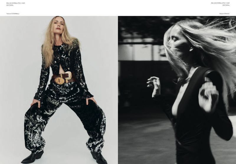 Editorial fashion shot: two women pose in contrasting black outfits, one in a sequined suit, the other in a sleek, dark dress.