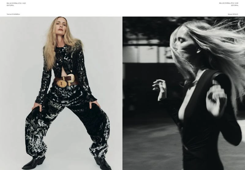 Editorial fashion shot: two women pose in contrasting black outfits, one in a sequined suit, the other in a sleek, dark dress.