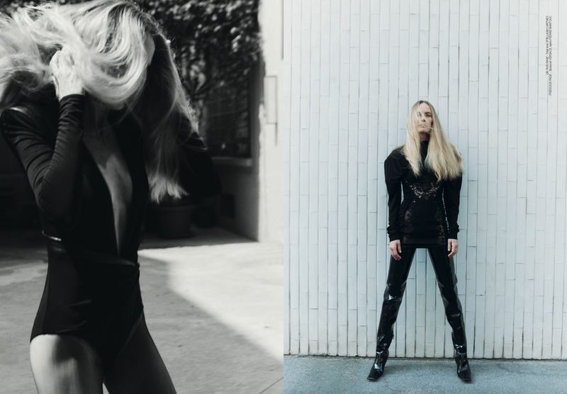 A black and white diptych featuring a fair-skinned adult woman in sleek, dark clothing, styled in an urban, minimalist fashion.