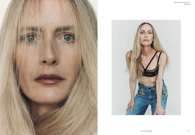 Close-up shot of a woman with blonde hair looking directly at the camera, paired with a full body shot of the same model. Fashion editorial.
