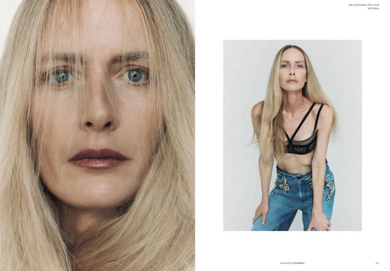 Close-up shot of a woman with blonde hair looking directly at the camera, paired with a full body shot of the same model. Fashion editorial.