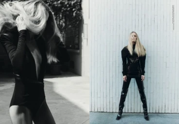 Model Georgina Grenville in a black outfit posing against a white vertical slat wall in Mia Le Journal's WE ARE STARDUST editorial.