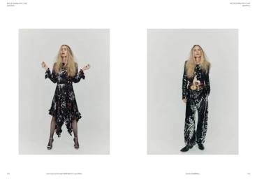 Editorial spread featuring model Georgina Grenville in printed fashion against a plain white studio backdrop for Mia Le Journal.