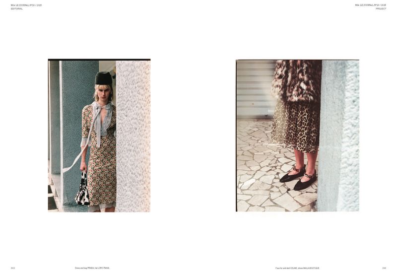 Editorial fashion shot of a woman in a floral dress with a scarf and hat, standing next to a textured wall, and a woman's lower half in leopard print.