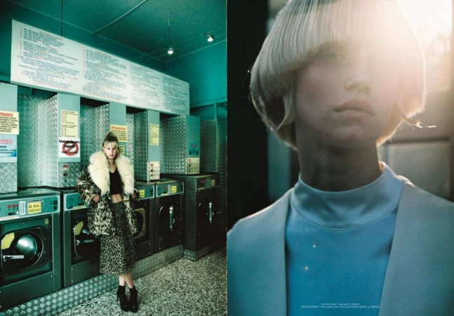 Fashion shot in a laundromat featuring a blonde woman in a fur coat and a close-up of another blonde woman with blunt bangs.