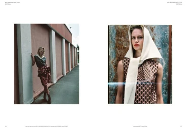 Editorial spread layout featuring two separate fashion photographs shot by Roberta Krasnig for Mia Le Journal