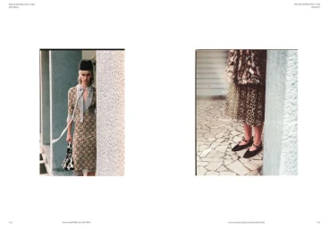 Two editorial photographs showing a model in a patterned dress and hat, and a detailed crop of patterned skirt and flat shoes.