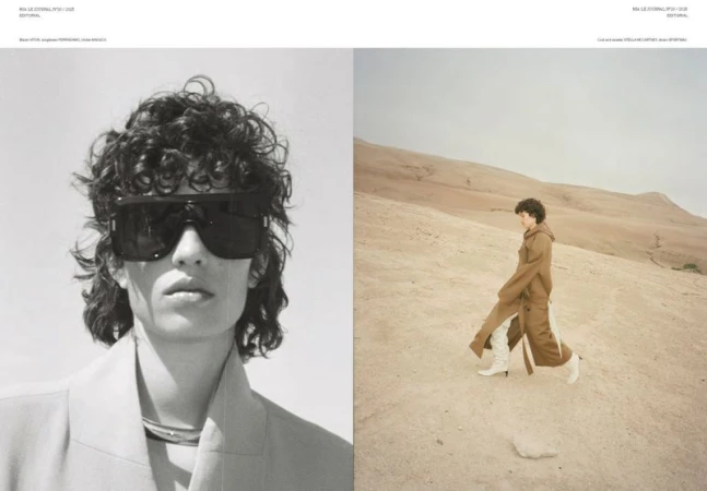 Fashion editorial split image featuring a woman in sunglasses and a beige blazer, and a woman walking in the desert in a brown jumpsuit.