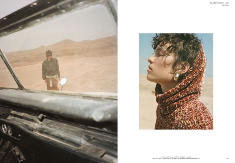 Fashion editorial featuring a woman in a knit hood looking towards the desert and a vintage car interior with a person in the distance.