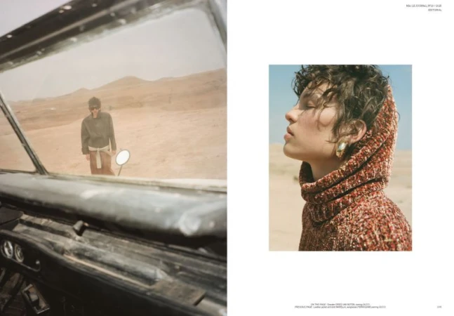 Fashion editorial featuring a woman in a knit hood looking towards the desert and a vintage car interior with a person in the distance.