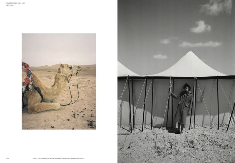 Monochrome editorial fashion shot featuring a woman in an overcoat standing near a tent against a desert backdrop, plus a camel portrait.