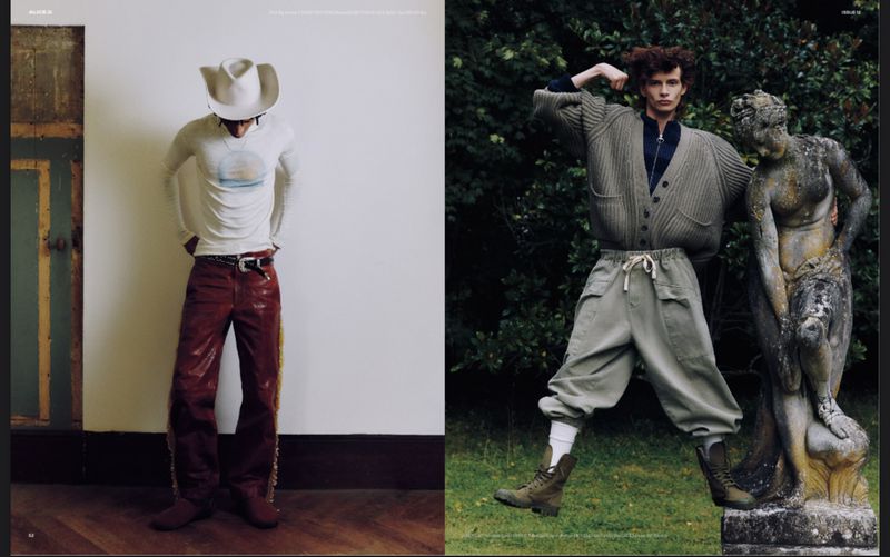 Fashion editorial spread showcases two male models: one in Western attire, the other with a statue in a green, outdoor setting.