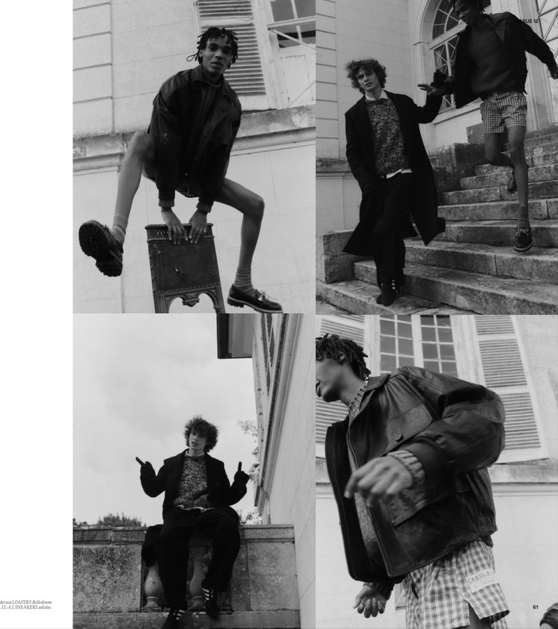 Black-and-white fashion editorial featuring four young adult men in various poses, wearing outerwear, patterned shirts, and shoes in outdoor settings.