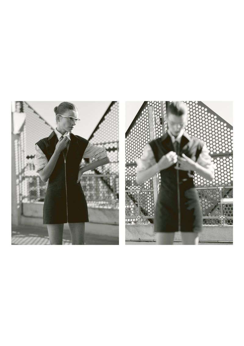 Monochrome portrait of an adult woman in a dress and glasses standing against an abstract metal fence, captured in a two-panel layout.