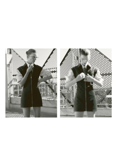 Monochrome portrait of an adult woman in a dress and glasses standing against an abstract metal fence, captured in a two-panel layout.