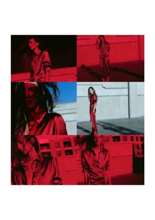 Collage of a woman in a red satin jumpsuit in front of a concrete wall. The scene is illuminated with red light and natural daylight.