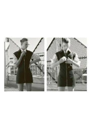 Two-panel fashion photograph of Luca Gajdus in a dark zippered minidress and tie on an outdoor rooftop backdrop.