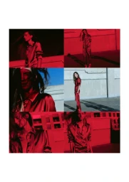 A multi-panel layout showing a female model in a red silk outfit against outdoor architectural backgrounds.