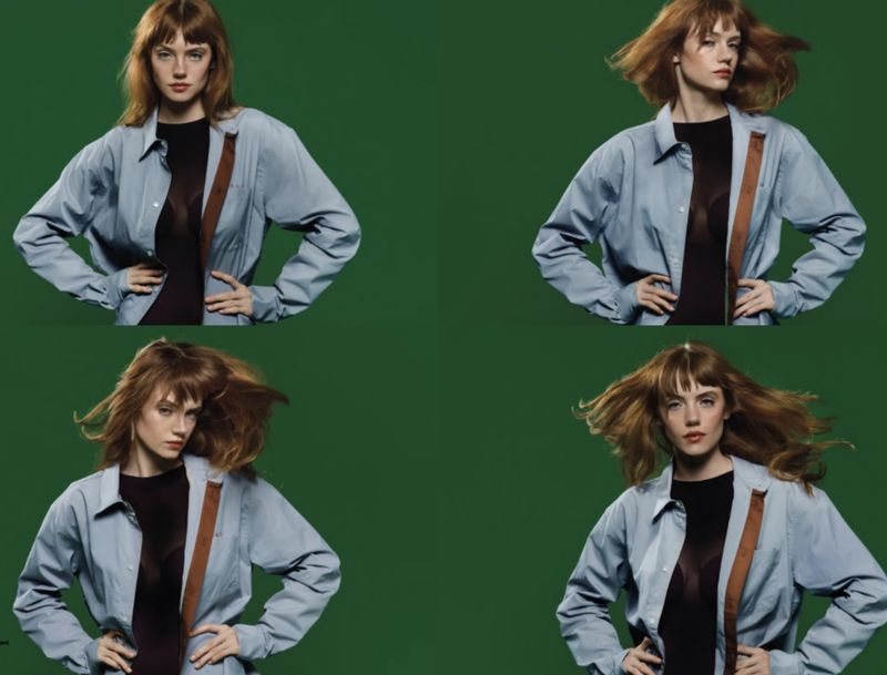 A woman poses multiple times against a green backdrop, wearing an unbuttoned blue shirt with a brown strap, her reddish-brown hair styled with bangs.