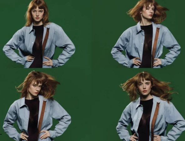 A woman poses multiple times against a green backdrop, wearing an unbuttoned blue shirt with a brown strap, her reddish-brown hair styled with bangs.