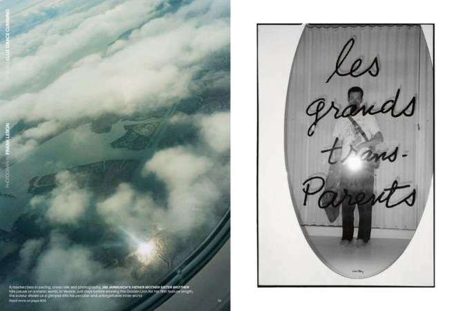 Aerial view of clouds and landscape seen from airplane window; black and white portrait of man in front of script.