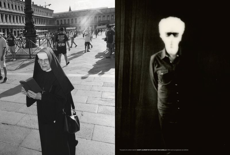 Black and white photo split between a nun reading in a plaza and a person in a dark room wearing sunglasses, creating a study in contrasts.
