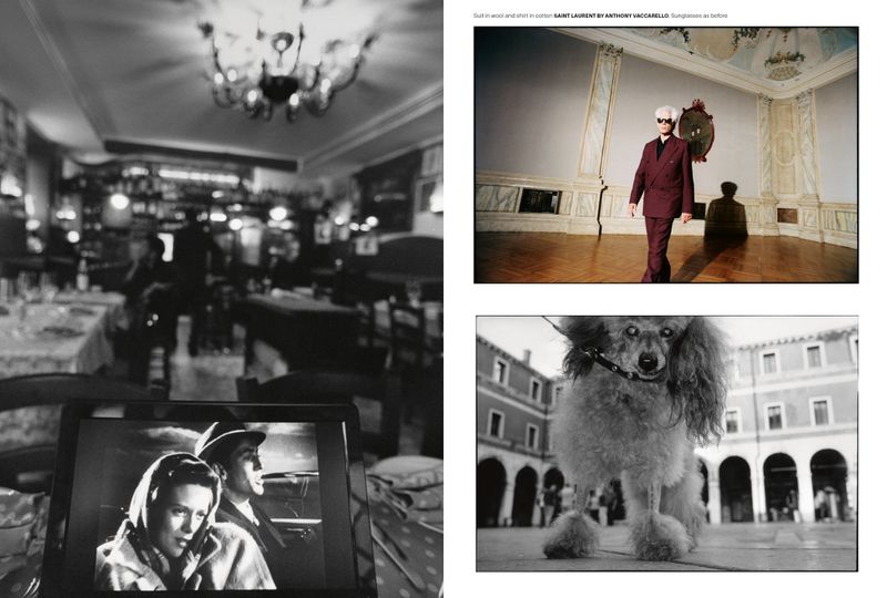 Black and white fashion editorial showing a man in suit in a room, a dog on a city square, and an old movie playing on a screen.
