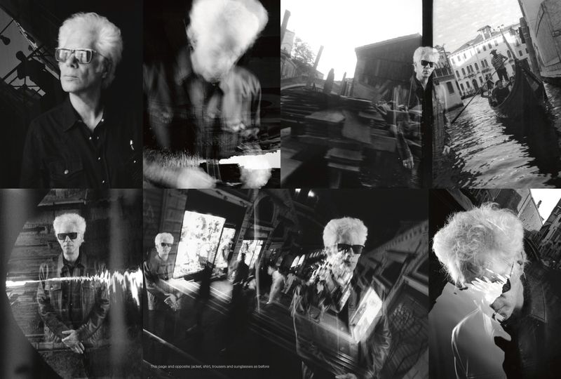 Black and white multi-image collage featuring a man with sunglasses in various settings, including urban and water scenes.