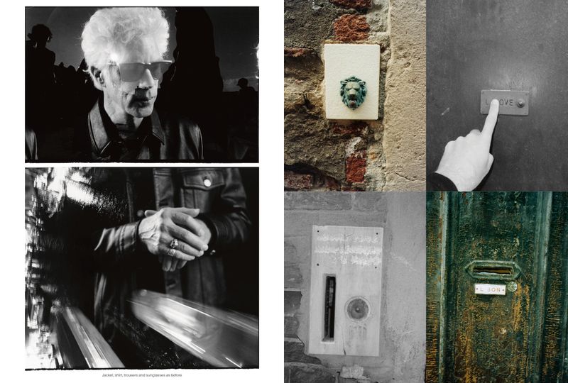Black and white photograph showcasing a collaged composition of a man's portrait, architectural details, and weathered textures in high contrast.