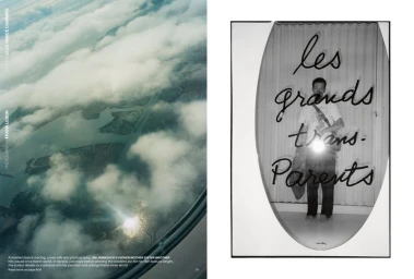 Spreading double-page magazine layout featuring aerial cloud photography on the left and Jim Jarmusch behind graphic text on the right.