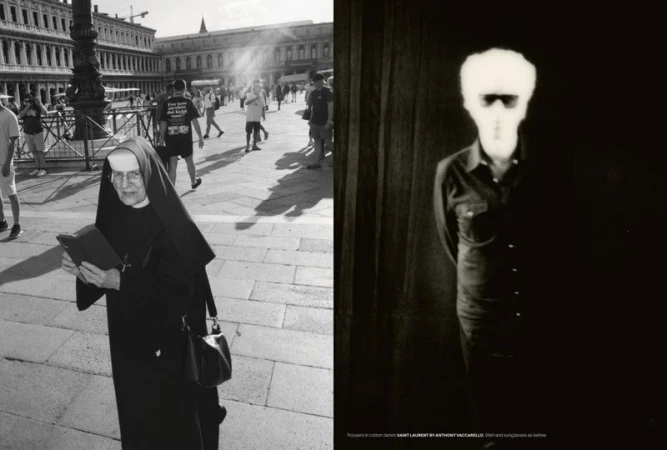 Jim Jarmusch photographed by Frank Lebon for Another Man Magazine, featuring a nun outdoors and a high-contrast portrait.