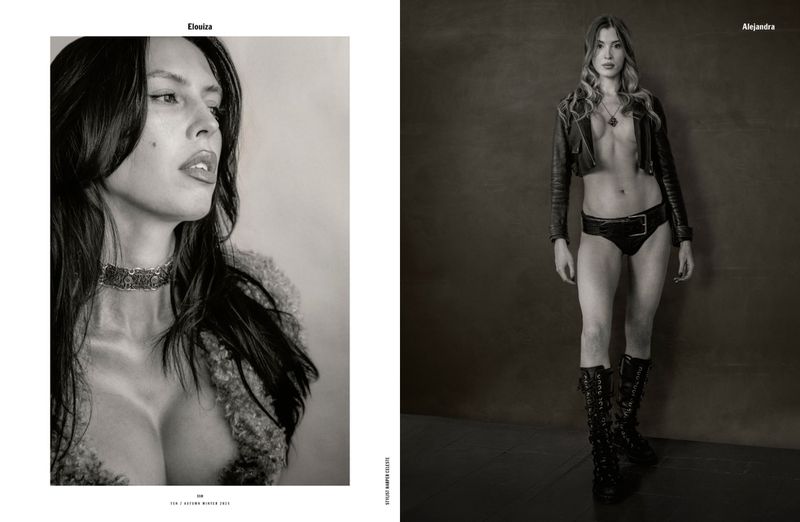 Black-and-white fashion editorial featuring two women: a close-up portrait and a full-body shot with a jacket, briefs, and boots.