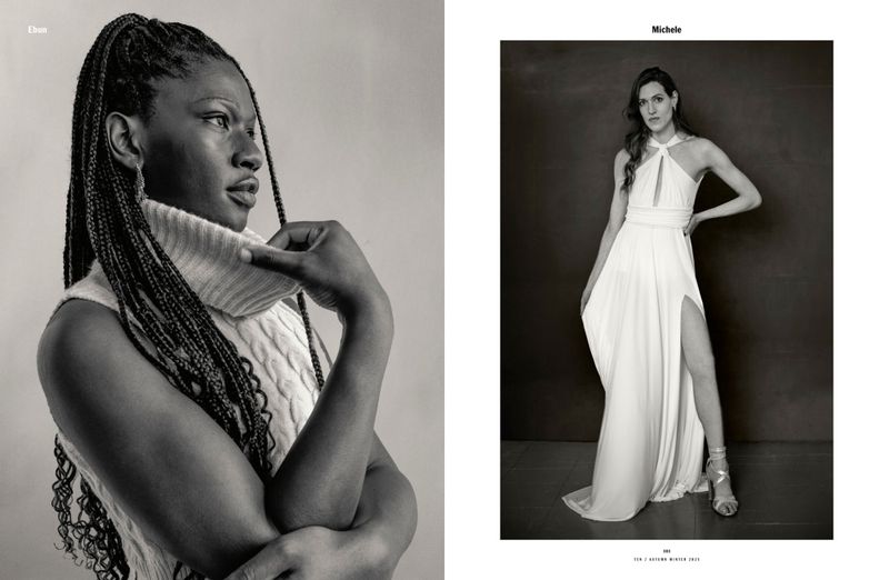 Black and white portrait of a Black woman in a cable-knit top alongside a full-length shot of a white woman in an evening gown.