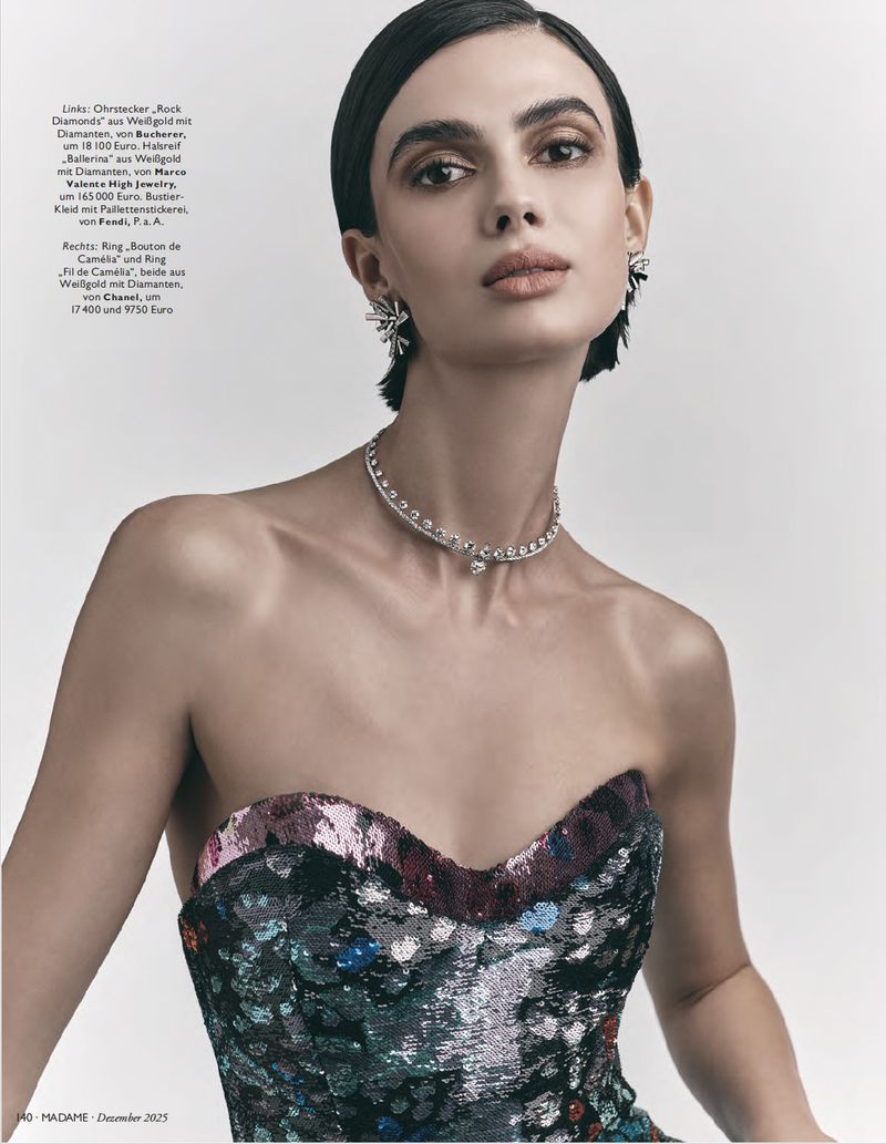 Elegant woman in a sequined strapless dress, diamond choker and earrings poses in a close-up studio shot for a jewelry advertisement.