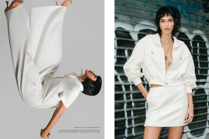 Fashion shoot featuring a woman in a white two-piece set against a white background, and a woman in a white jacket and skirt.