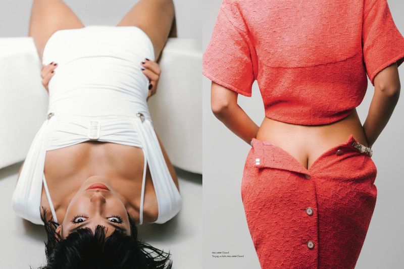 Dual shot: Woman in a white dress poses against a white backdrop, alongside a model in a coral two-piece outfit against a grey backdrop.