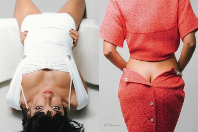 Dual shot: Woman in a white dress poses against a white backdrop, alongside a model in a coral two-piece outfit against a grey backdrop.