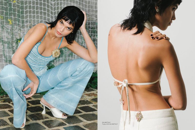 A woman models shimmering blue top and pants in an outdoor shot alongside a close-up of a model wearing a white halter top and pants.