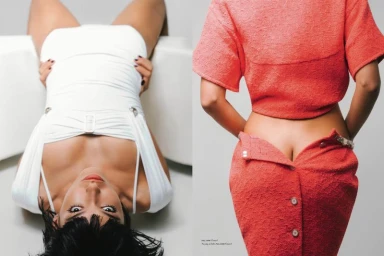 Fashion diptych of model Iza Dantas upside down in a white bodysuit and viewed from behind in a coral textured tweed skirt suit.