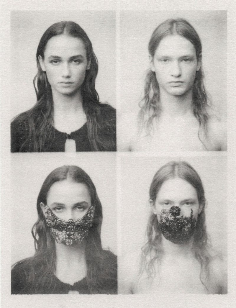Grayscale portraits of two young adults, one male and one female, with and without decorative face masks, symmetrically arranged.
